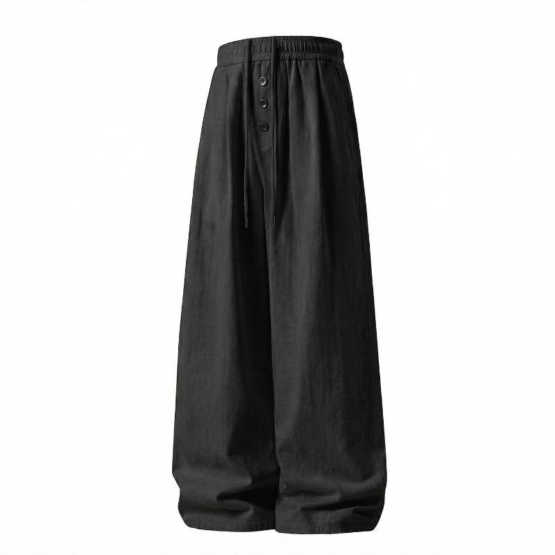 Mens Loose Straight Long Contrast Color Button Front Casual Pants