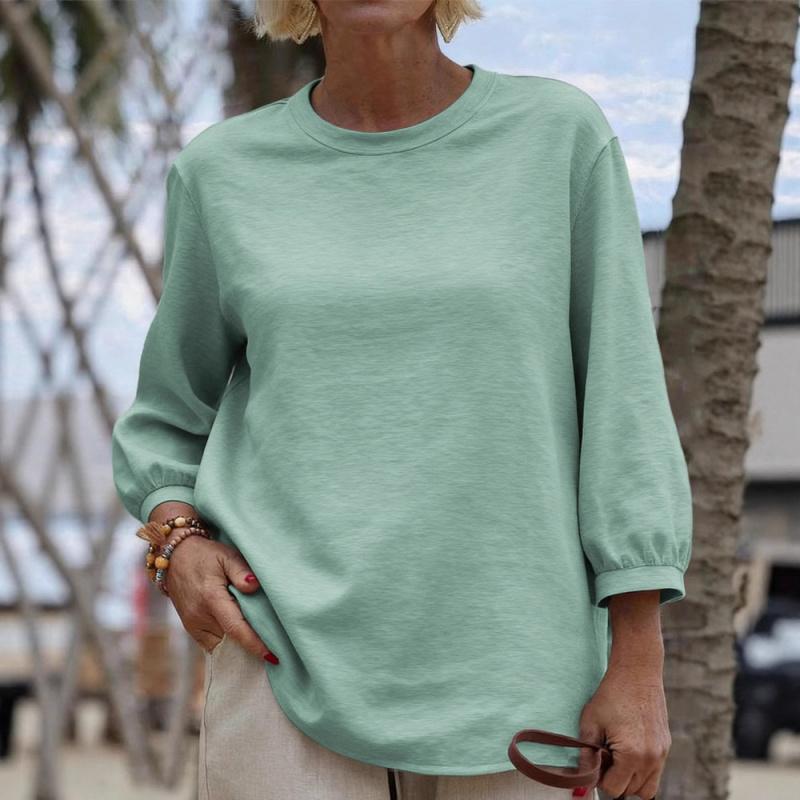 2026 New Women's Casual Long-Sleeve Round-Neck Solid Color Top Nine-Quarter Sleeve T-Shirt