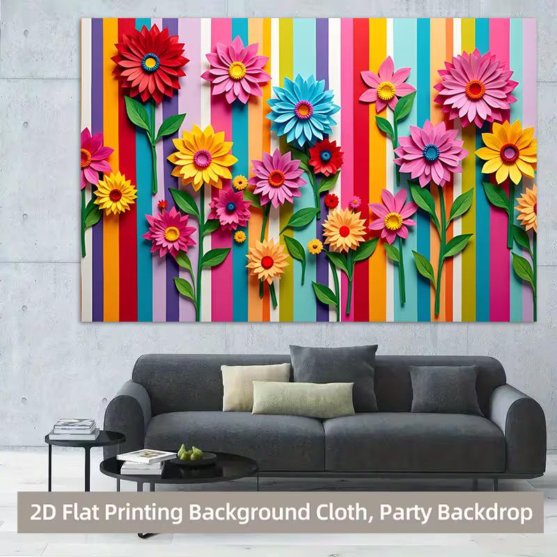 2D Rainbow Stripes and Paper Art Flowers Background Cloth Photo Booth Prop