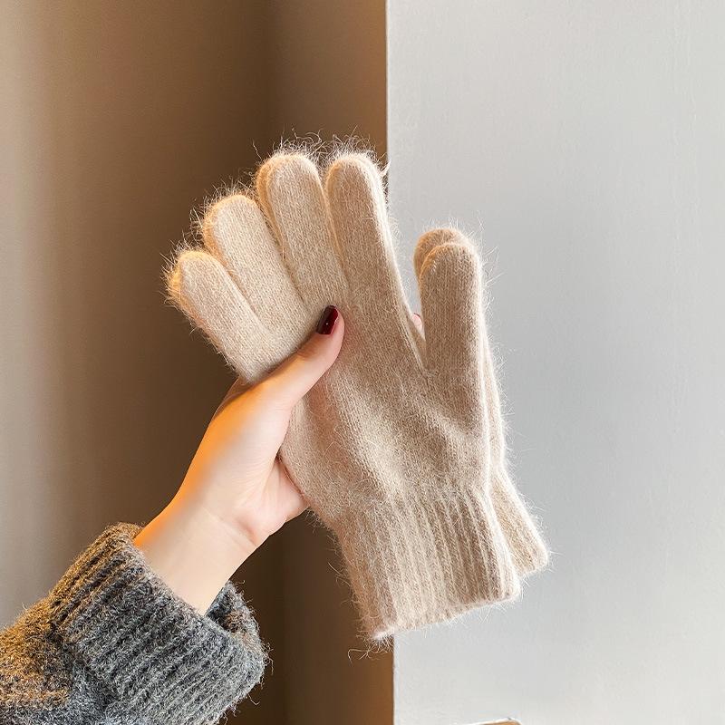 Finger gloves winter women's new thickened warm solid color cute student cycling cold-proof wool gloves women