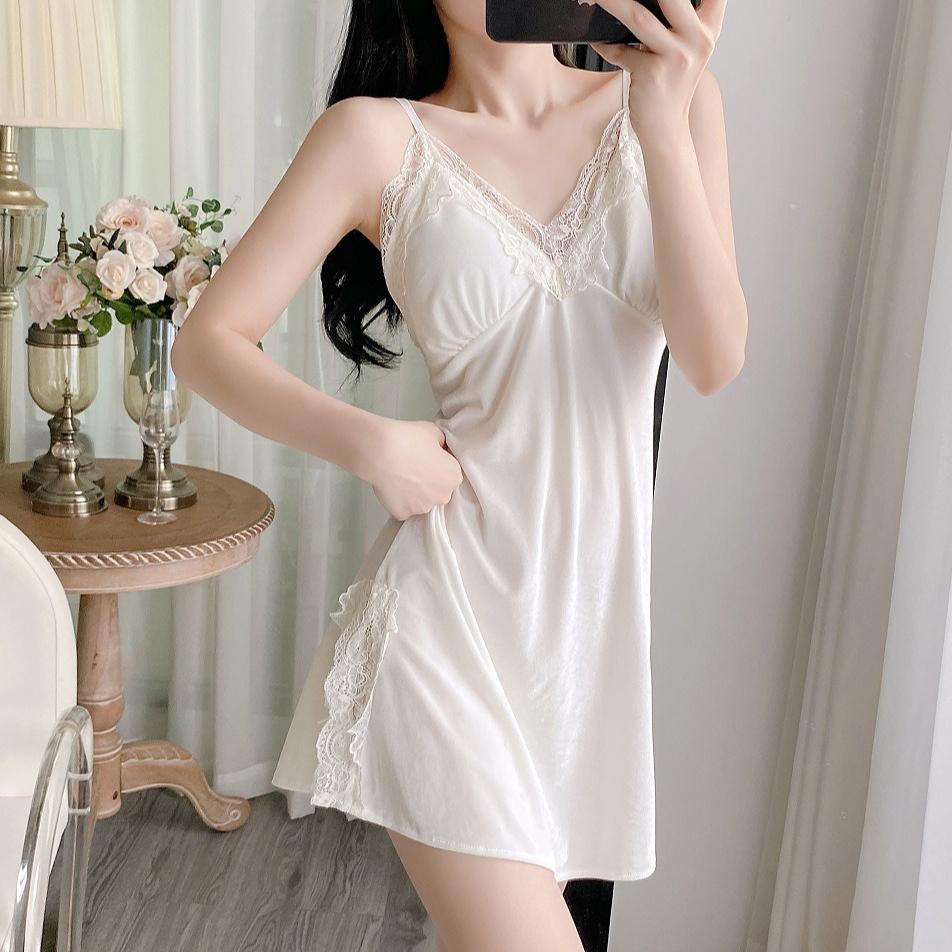 Женская осенне-зимняя ночная рубашка из плуша со встроенным бюстгальтером, кружевной отделкой, пеньюар, платье для сна, сексуальная одежда для отдыха M