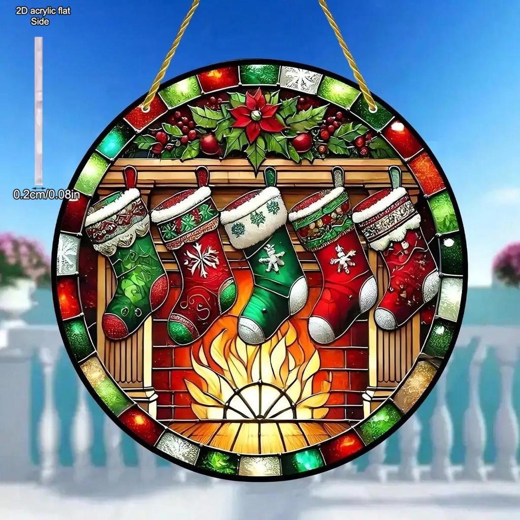 Charming Snowman Suncatcher Round Acrylic Stained Glass-Style Window Hanging Panel Window Decoration Wreath Sign Garden Pendants