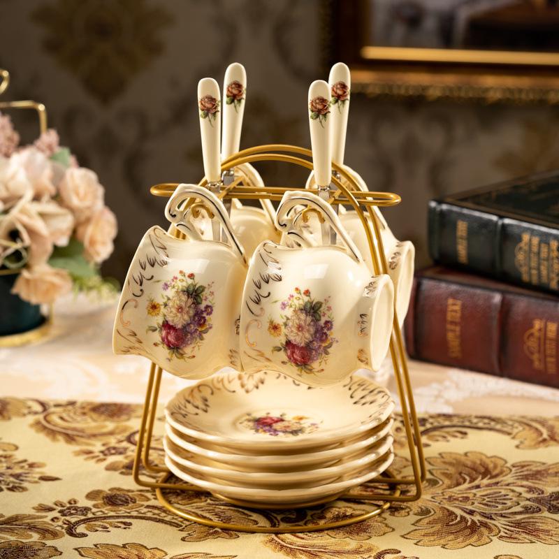 European Floral Tea Cup & Saucer Set with Gold Rim - Light Luxury Afternoon Tea Set for Home Use
