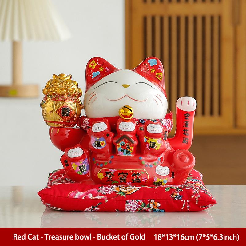 7 Inch Fortune Cat with Waving Arm Ceramic Maneki Neko Feng Shui Ornament Lucky Cat for Shops, Restaurant, Home Table Decoration