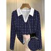 Plus Size, Navy Blue Polo Shirt for Women with White Polka Dot Print, New Spring/Autumn Slim Fit V-Neck Base Layer Top