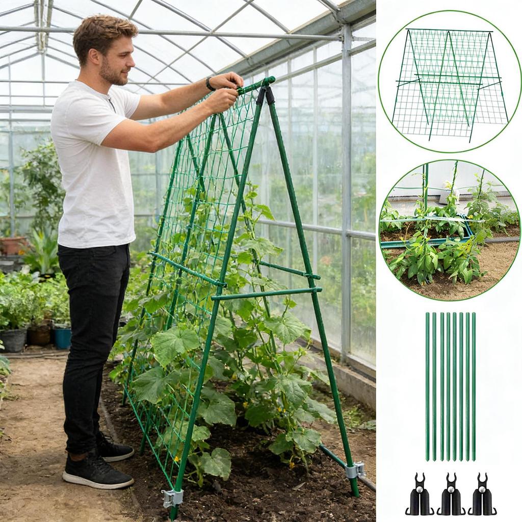 A-shape Garden Climbing Frame Foldable Cucumber Trellis Triangular Vegetable Frame Plastic Coated Steel Frame For Green Beans