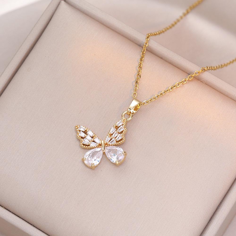 Butterfly Necklace with Color-Retaining Zircon - Fashionable, Versatile Women's Jewelry Accessory.