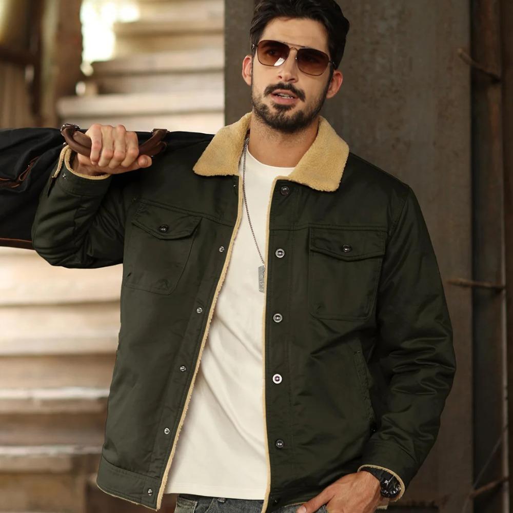 Umlegekragen Winter Baumwolljacken Herren Sherpa Fleece Trucker Parka Grün Arbeits Cargo Mäntel Kleidung Übermäntel