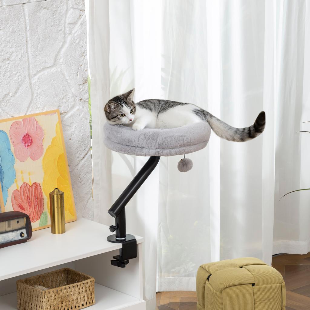 Cat Desk Bed, Cat Hammock 360 degrees Rotatable Adjustable for Window, Table, Work, Grey