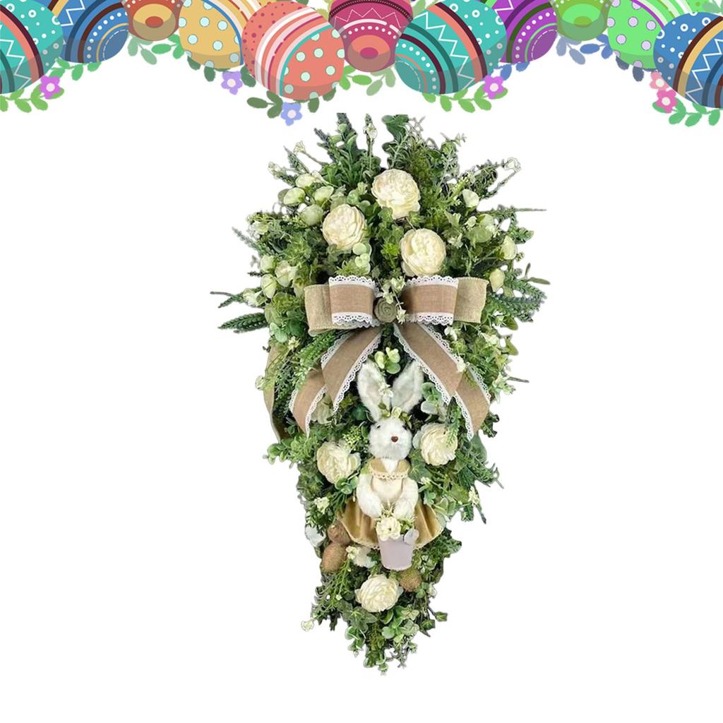 Easter Teardrop Wreath Ornament Easter Rabbit Flower Basket Wreath Artificial Teardrop Bunny Garland For Front Door, Patio