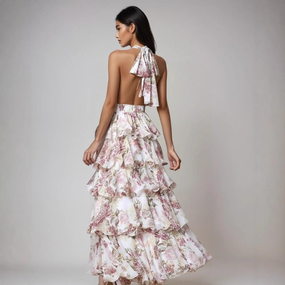 New In Spring, European and American Women's Dress Is Fashionable and Sexy V-neck Suspender Multi-layer Printed Dress