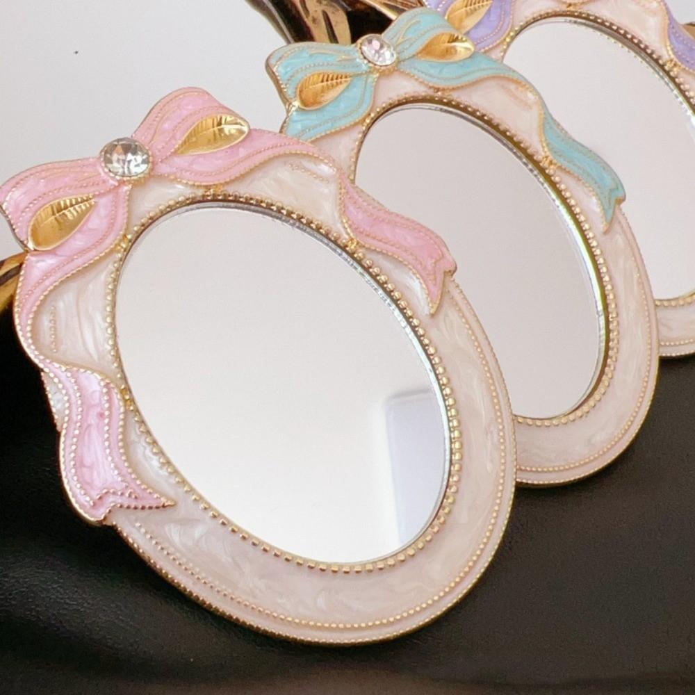 Mini Enamel Makeup Mirror Metal Frame Crystal Bow Mirror Lolita Embossment Mirror  Student Use