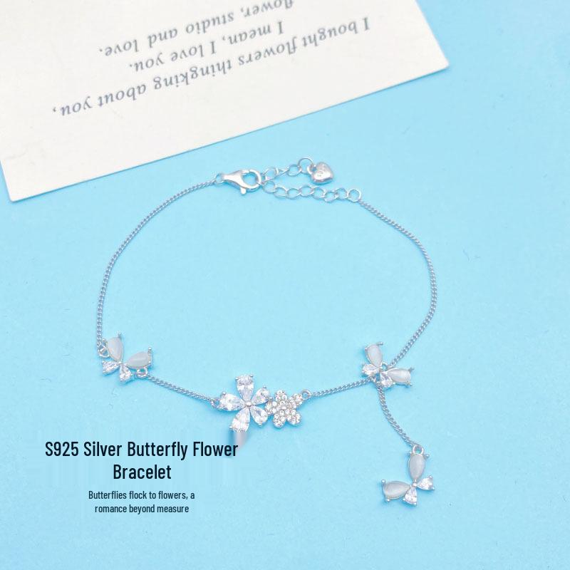 S925 Sterling Silver Butterfly & Flower Bracelet for Women - Elegant High-End Fashion