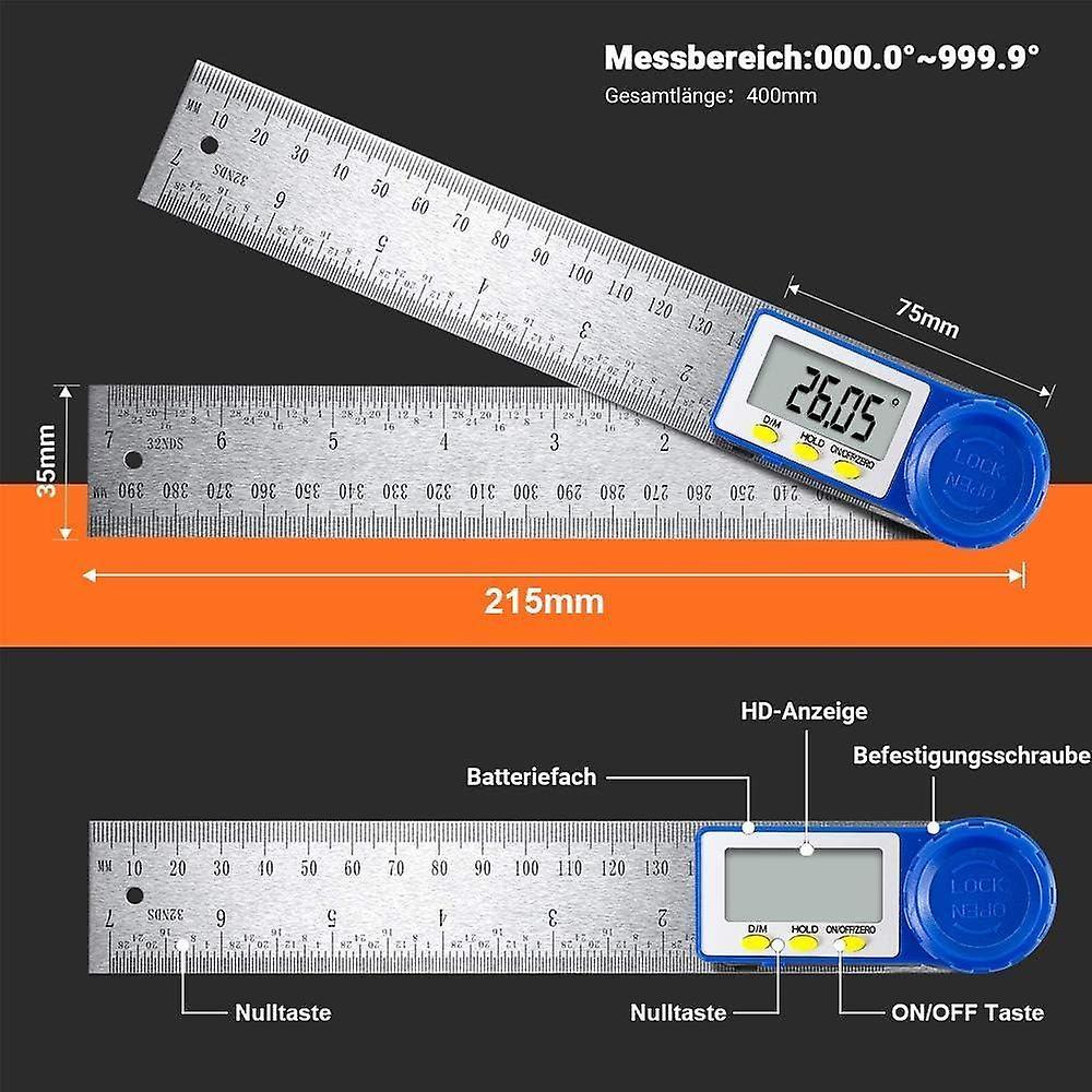 Digital Protractor, Stainless Carpenter Angle Ruler and Square Angle, 360 ° Measuring Range, Steel R