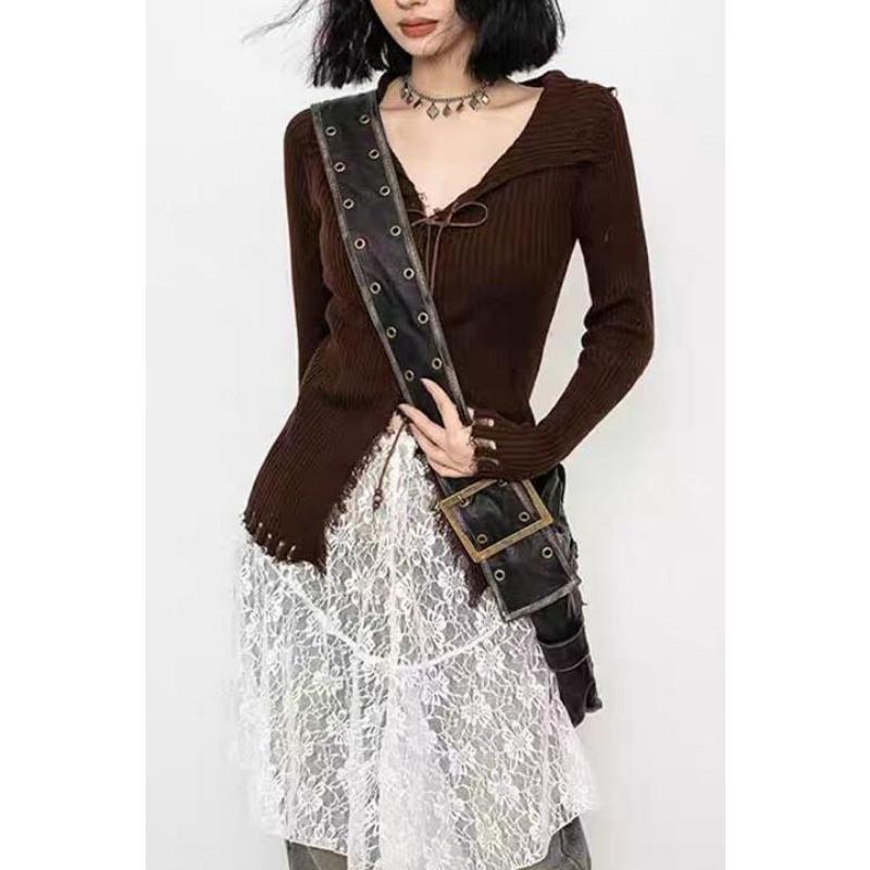 2025 Elegant Women Long Sleeve Pullover Sexy Sweater Korean Style Fashion Slim Fit Knitted Top Lace-up Autumn Solid Knitwear Clothiing