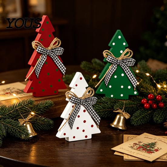 Christmas Table Decorations Tree Wooden Tabletop Sign, Rustic Polka Dot Xmas Tiered Tray Centerpiece Seasonal Home Accents with Bow, Farmhouse Holiday