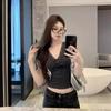 Women Grey Ribbed Lace Trim Bow V Neck Short Sleeve Cropped Top