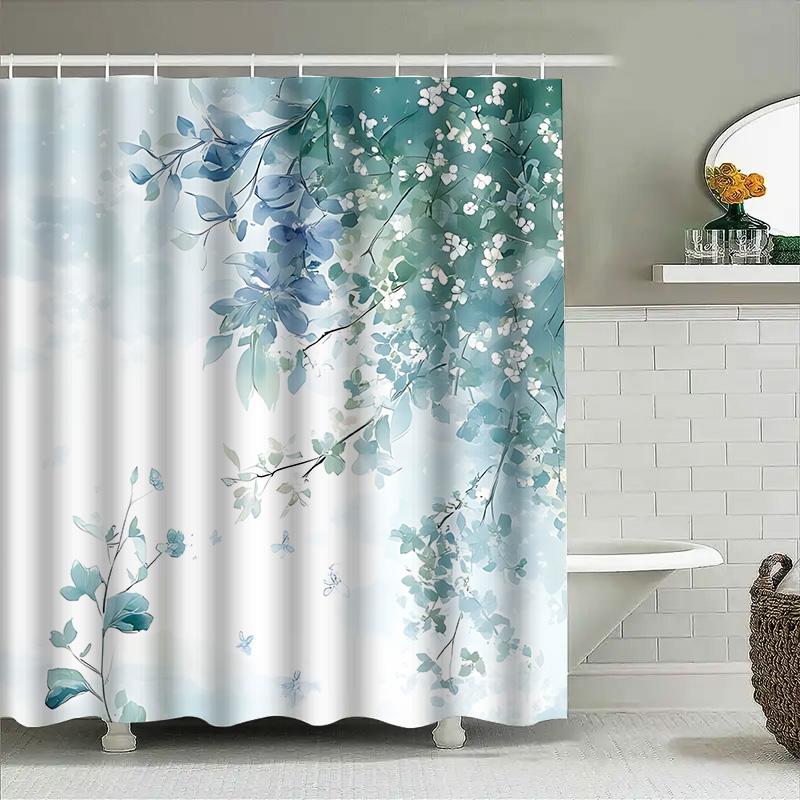 Elegant Blue Floral Shower Curtain With Green Leaves White Blossoms For Bathroom Decor Waterproof Mildew Resistant
