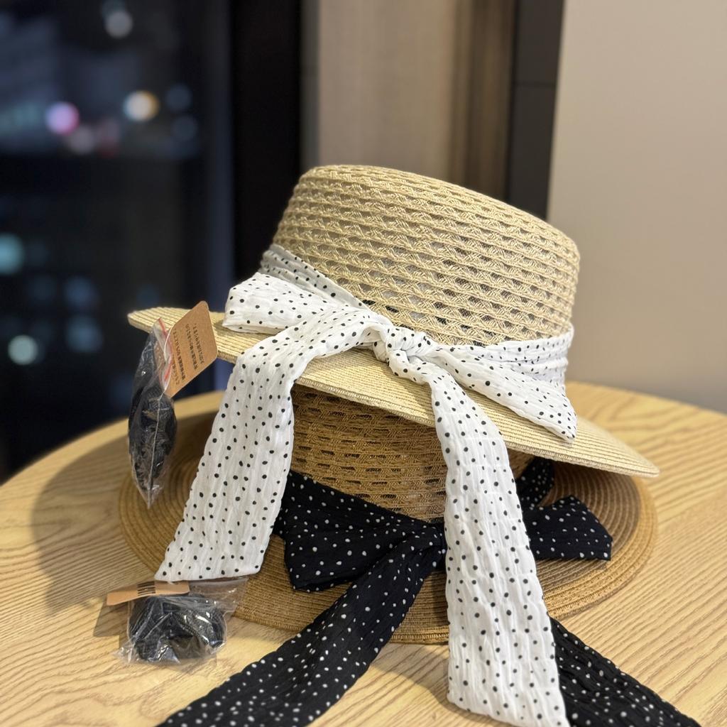 New French-style polka dot bow straw hat for women, summer seaside beach vacation style sun protection hat