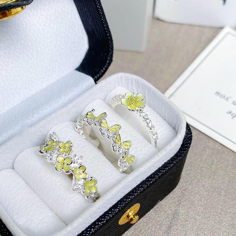 [Green] Spring And Summer Small Fresh Green Enamel Oil Dripping Butterfly Flower Opening Ring Personalized Stacking Female