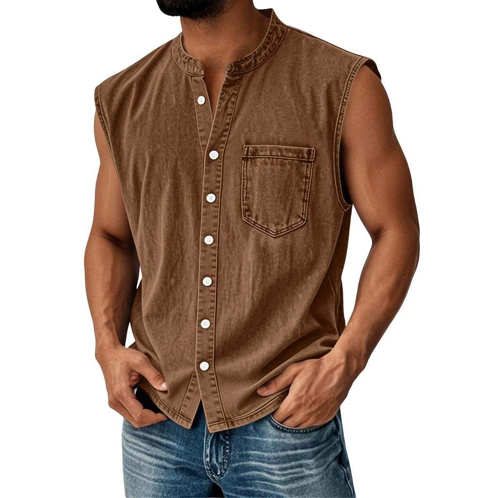 Men's Summer Fashion Distressed Denim Shirt. Men's Casual Sporty Sleeveless Button-down Vest.