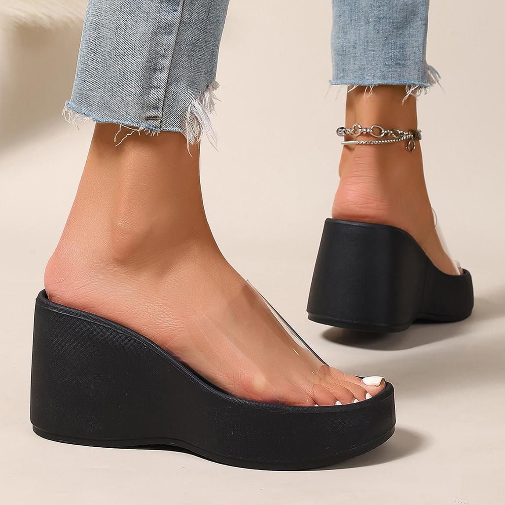 Fashion Comemore Retro Women's Thick Bottom Slippers Summer Shoes for Women Casual Outside Wear PVC Transparent Black Wedges Sandals