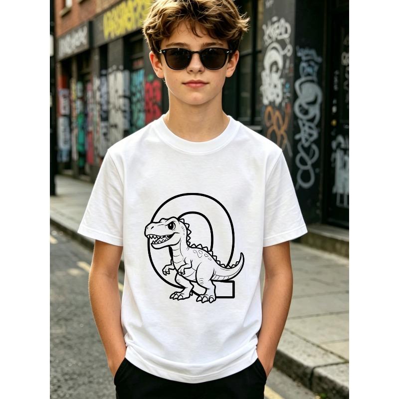 Boys Crewneck Short Sleeve T-Shirt, Cute Q Version Spotted T-Rex with Arch Hollow Circle Letter Q Print