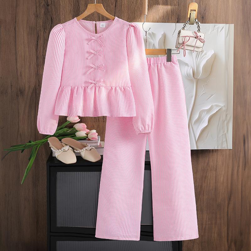 

Модный комплект для девочек Осень Детский повседневный галстук-бабочка с оборками, кукольная блузка, полосатые брюки палаццо 130cm=8Y розовый