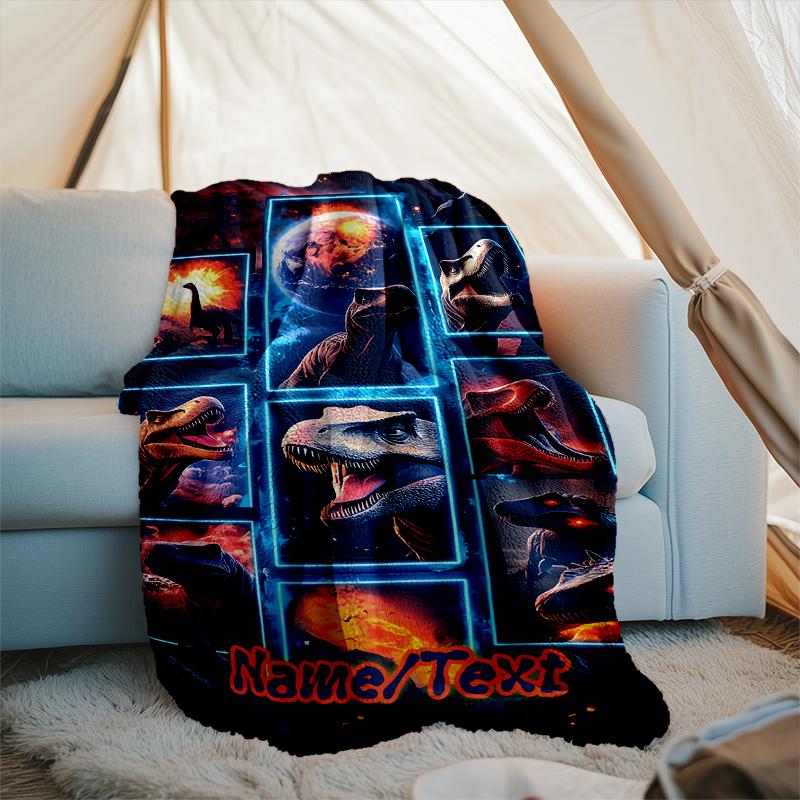 1PC Custom Name Dinosaur Fantasy World Outdooor Flannel Blankets Throw Blanket All-Season Throw Gift Bedspread for Couch, Bed, Camping Holiday Birthda