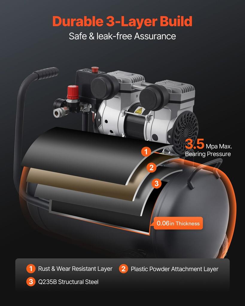 Air Compressor Compact Portable Oil Free Compressor 8 Gallon 90 PSI