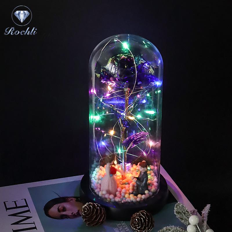 Rose Flower Preserved in Glass Dome with Night Light - Mother's Day or Birthday Gift Ornament