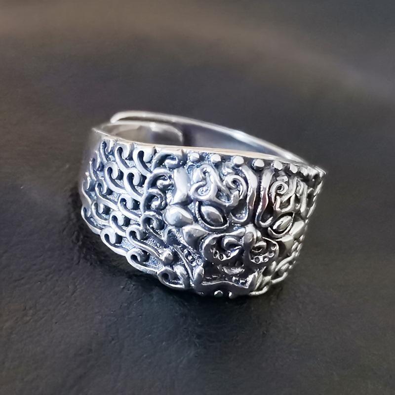 Pixiu Prosperity Thai Silver Ring - Ancient Style Retro Men's Open Taotie Design