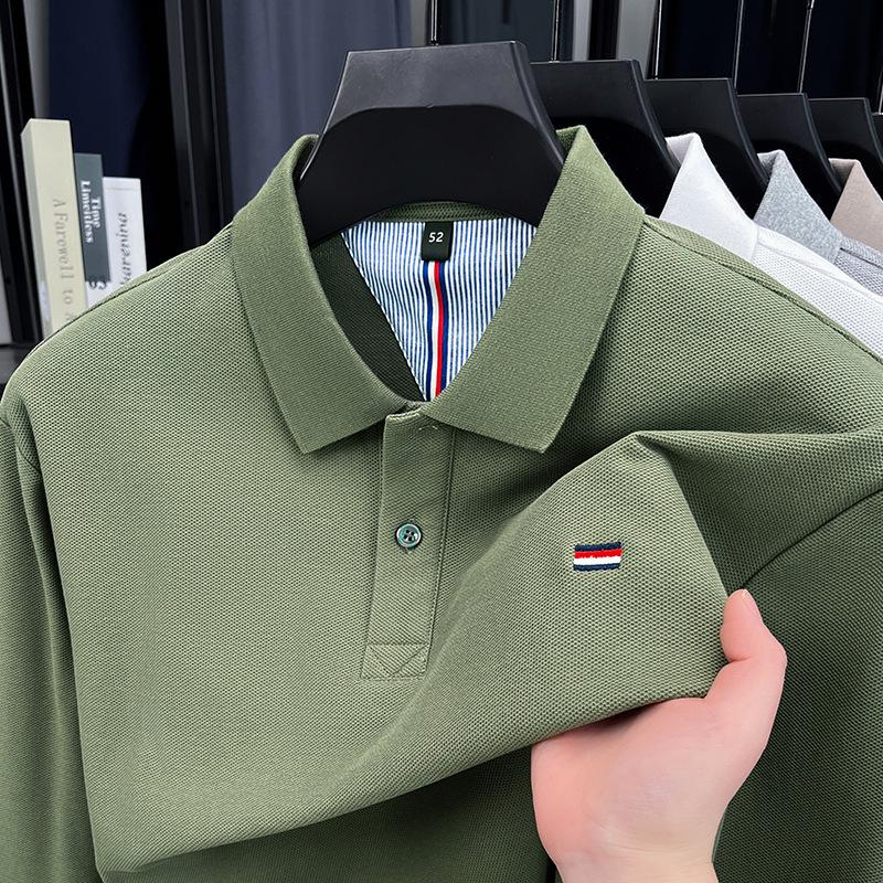 Men's Pure Cotton Embroidered Long-Sleeve Polo Shirt - Business Casual, Solid Color, Versatile for Spring and Autumn