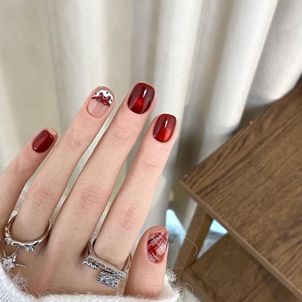 Red Plaid Sparkly Cat Eye Handmade Wearable Nails for New Year's