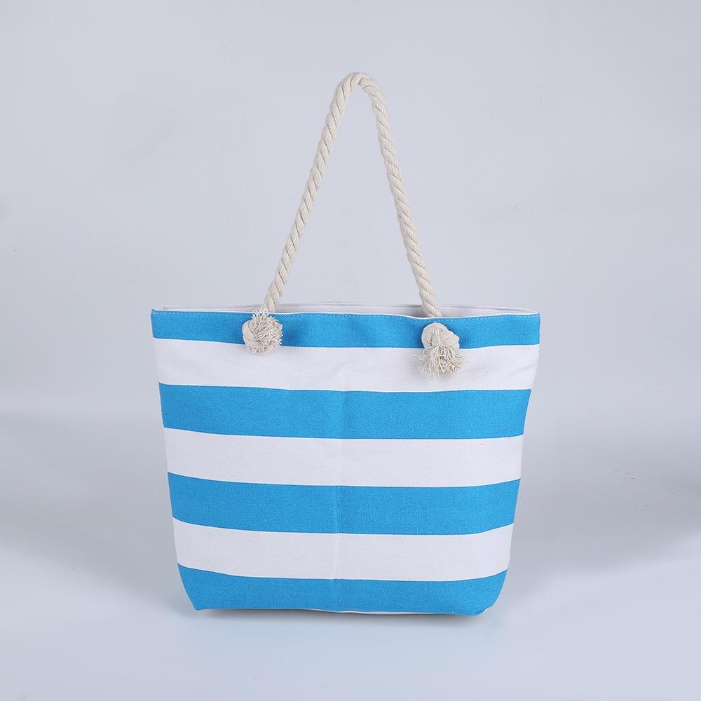 Striped Beach Tote Bag Canvas Foldable Shoulder Bag Zipper Large Capacity Travel Handbag For Travel Work Beach Gym Store