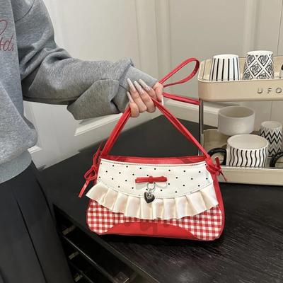 Süße Spitze Bogen Patchwork Damen Umhängetaschen Süß Kariert Gepunktet Mädchen Achseltasche Leicht Tragbar Damen Handtaschen