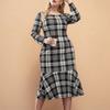 Autumn French Fashion Temperament Retro Plaid Dress Women Plus Size Long-sleeved Ruffled Fishtail Dress