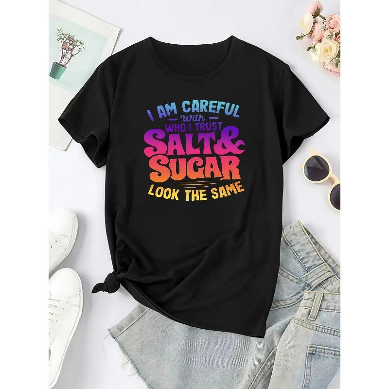 European Size Women's Size Oversized Casual T-Shirt - Bold "Who I Trust Carefully" Letter Print Round Neck Short Sleeve Top, Comfortable Casual Attire