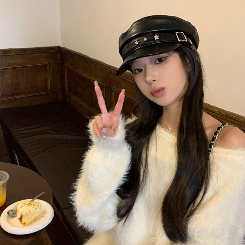 British Style Pu Leather Beret Korean Style Painter Hat Casual Octagonal Hat  Outdoor