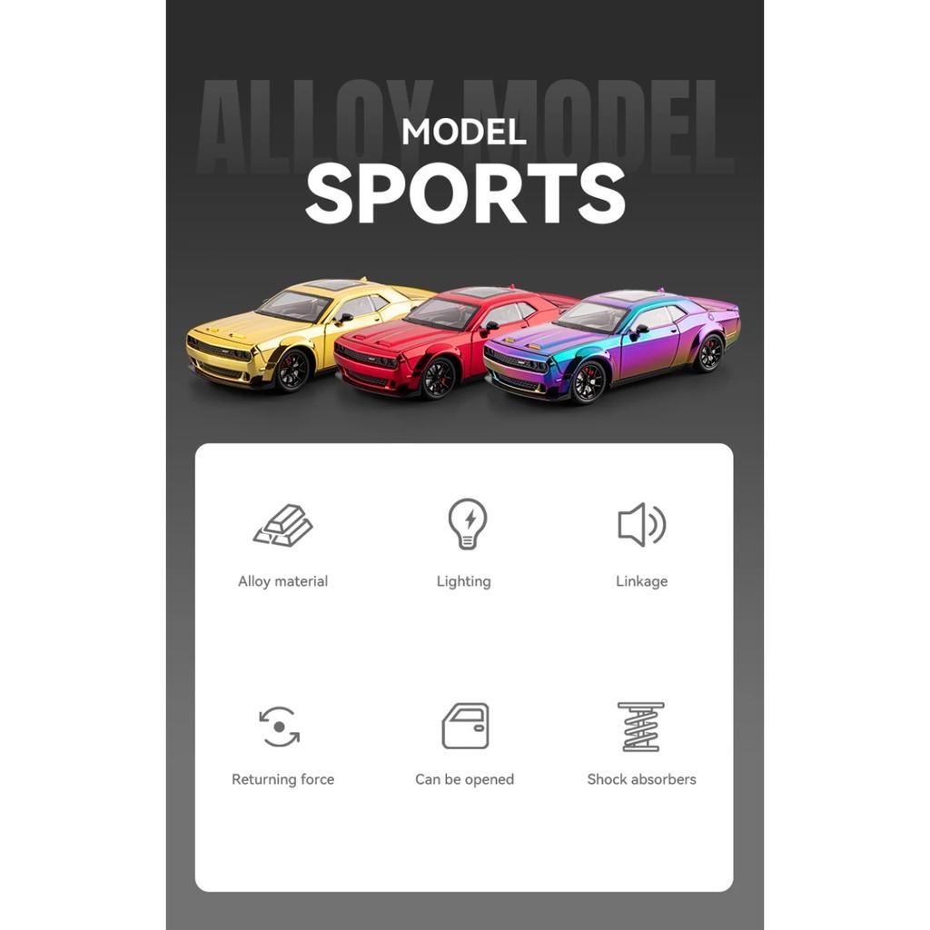 1/24 Dodge Challenger Hellcat SRT Electroplating Version Alloy Scale Car Model Diecast Metal Sound and Light Children Toy Car Vehicles