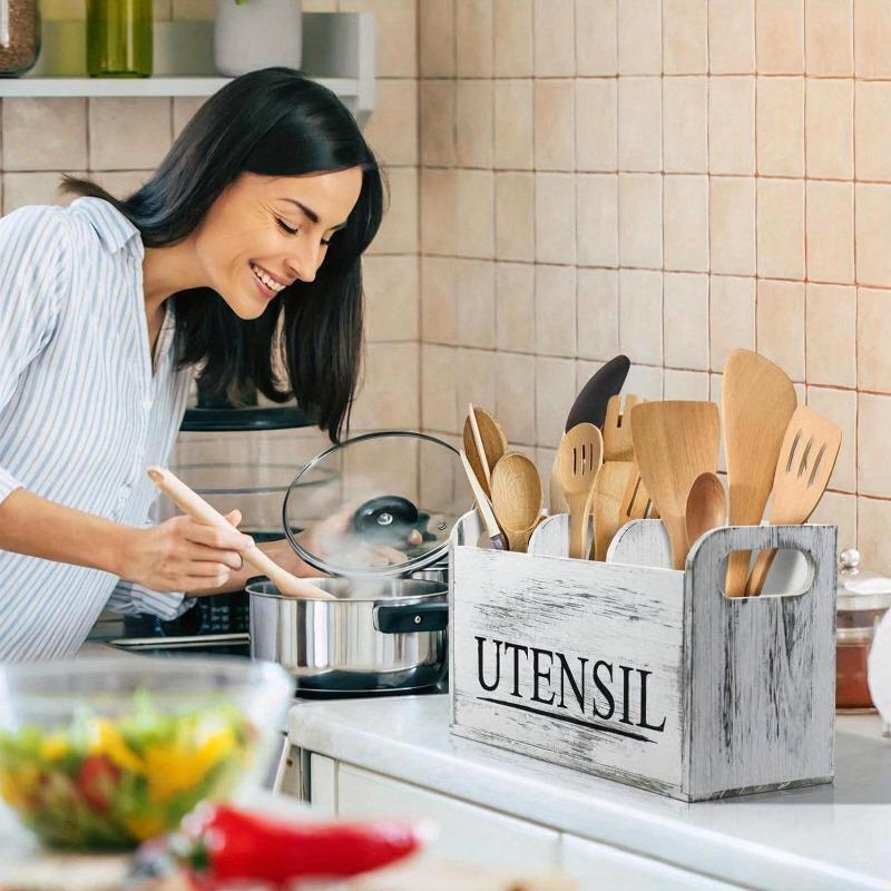 Rural wooden kitchen utensil rack -3-compartment countertop storage for silverware and cooking tools
