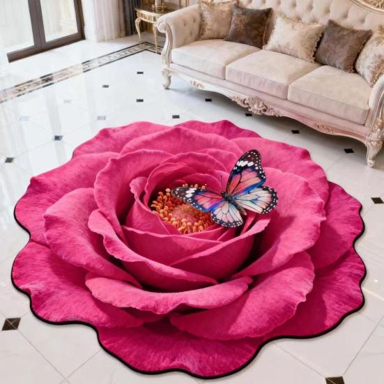 3D Flower Floor Mat Large Flower Shape Living Room Rug Realistic Floral Butterfly Floor Rug with Anti-Slip Bottom for Home Bedroom Dining Room