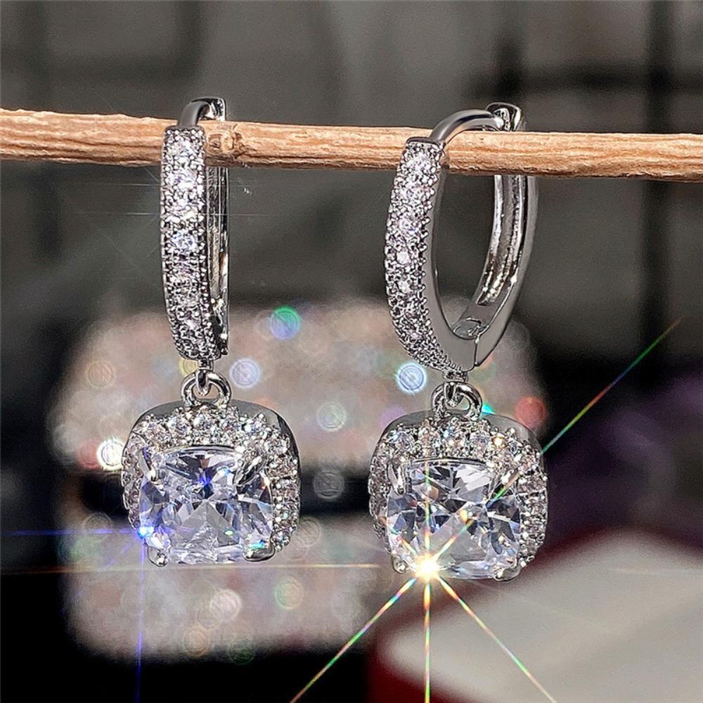 Fashionable Sparkling Square Zircon Earrings Light Luxury Commuting Ear Hooks for Women