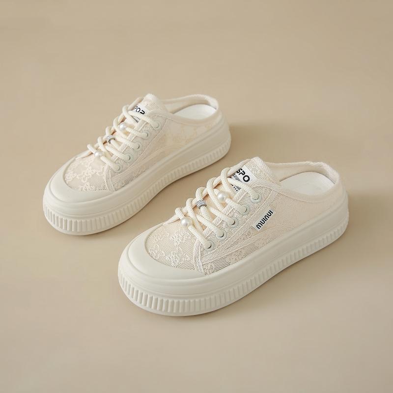 Fashion CRLAYDK Summer Women's Lace Comfortable Slip On Mules Mesh Skate Slippers Ladies Backless Slide Loafers Casual Platform Shoes