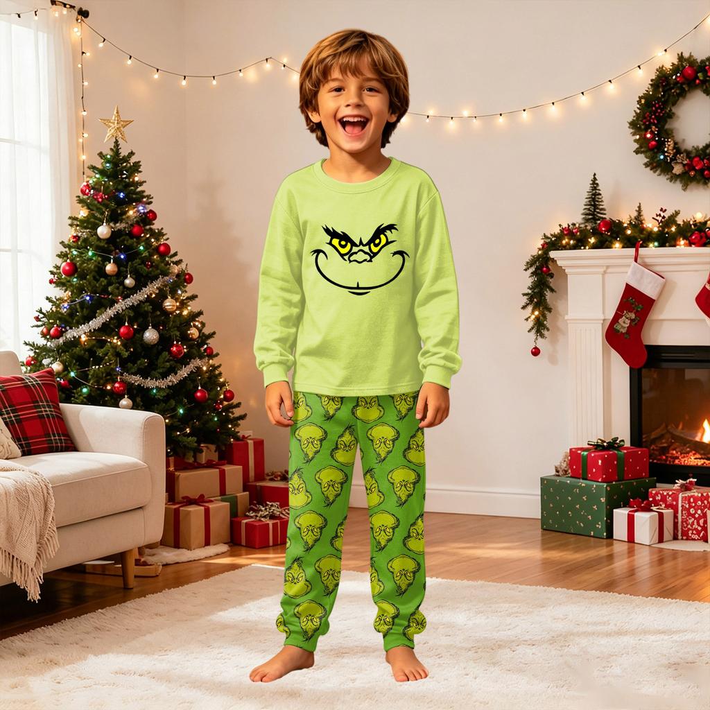 Christmas Print Matching Family Pajama Set Long Sleeve Neck Top and Pants for Parents and Kids