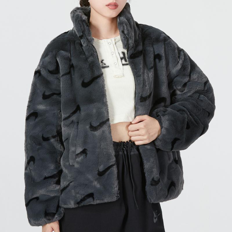 Nike Womens Printed Faux Fur Jacket (Asia Sizing) Dark Smoke Grey Women Streetwear DQ6843-070