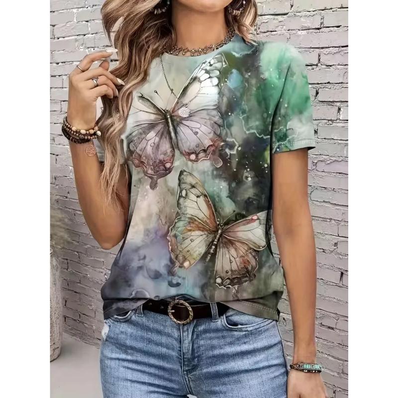 Bequemes Mode-T-Shirt für Damen mit Blumenmuster, kurzärmlig, Rundhalsausschnitt, 3D-Blumen, kurzärmelige Oberteile