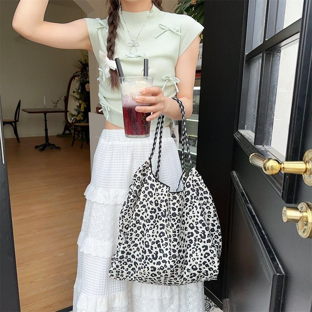 Stylish Vintage Leopard Print Corduroy Shoulder Bag Spacious Tote For Daily Use