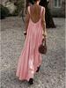 Elegant French Pleated Spaghetti Strap Summer Dress with Back Cutout