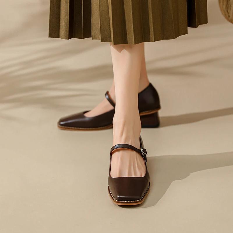 Fashion 2024 Trend Spring Women's Shoes Square Toe Chunky Heel Shoes Women Genuine Leather Low Heel Women Pumps Solid Retro Mary Janes
